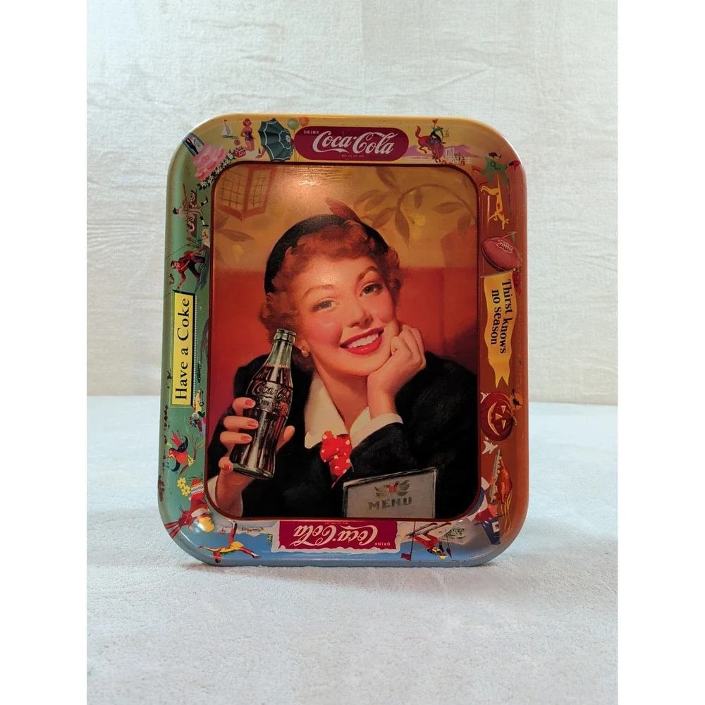 Vtg Coca-Cola Metal Serving Tray Thirst Knows No Season‎ Seasonal Border 1950s
